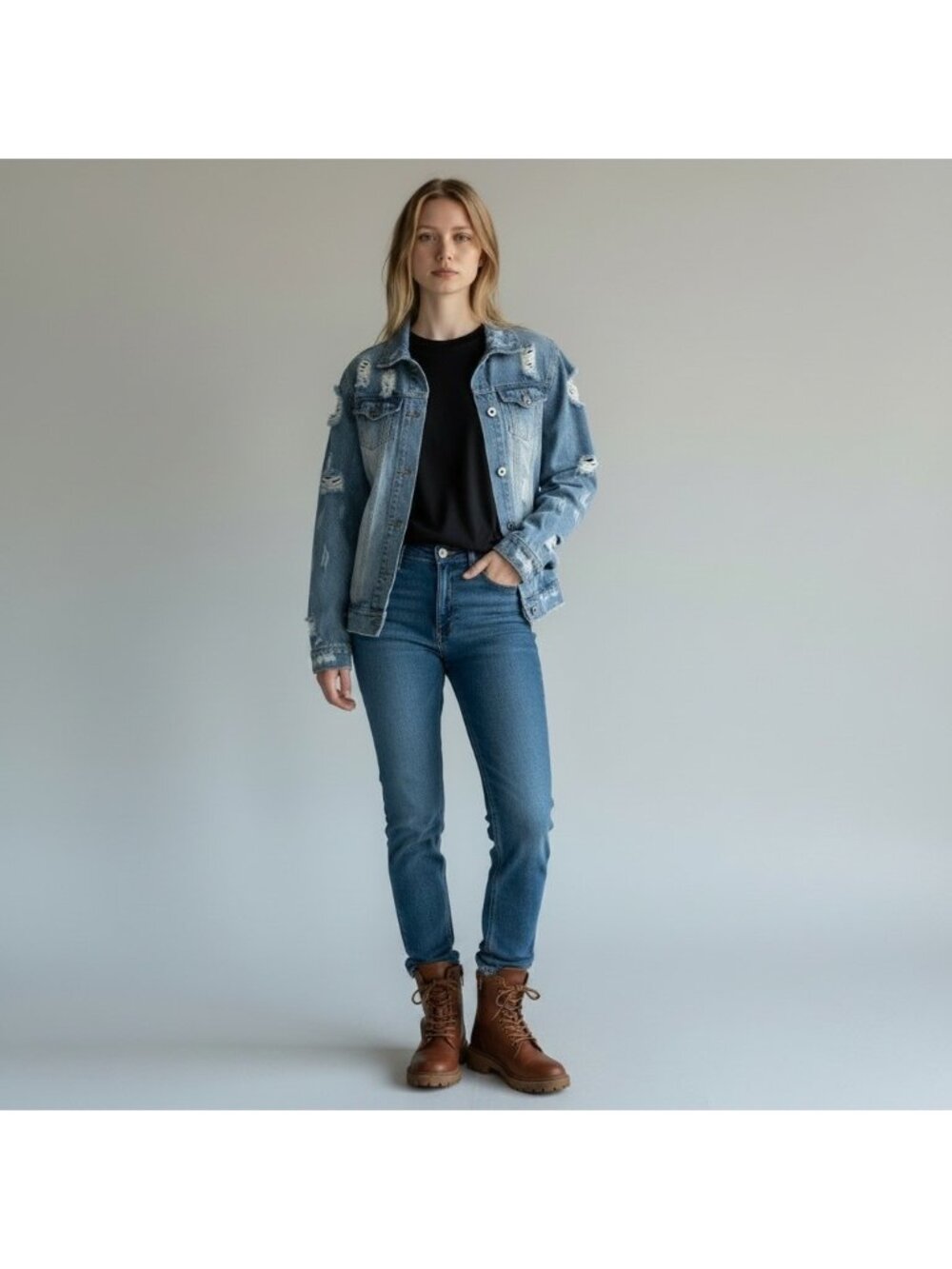 The Style Between Us Blue Distressed Thrashed Denim Jean Jacket Size Small